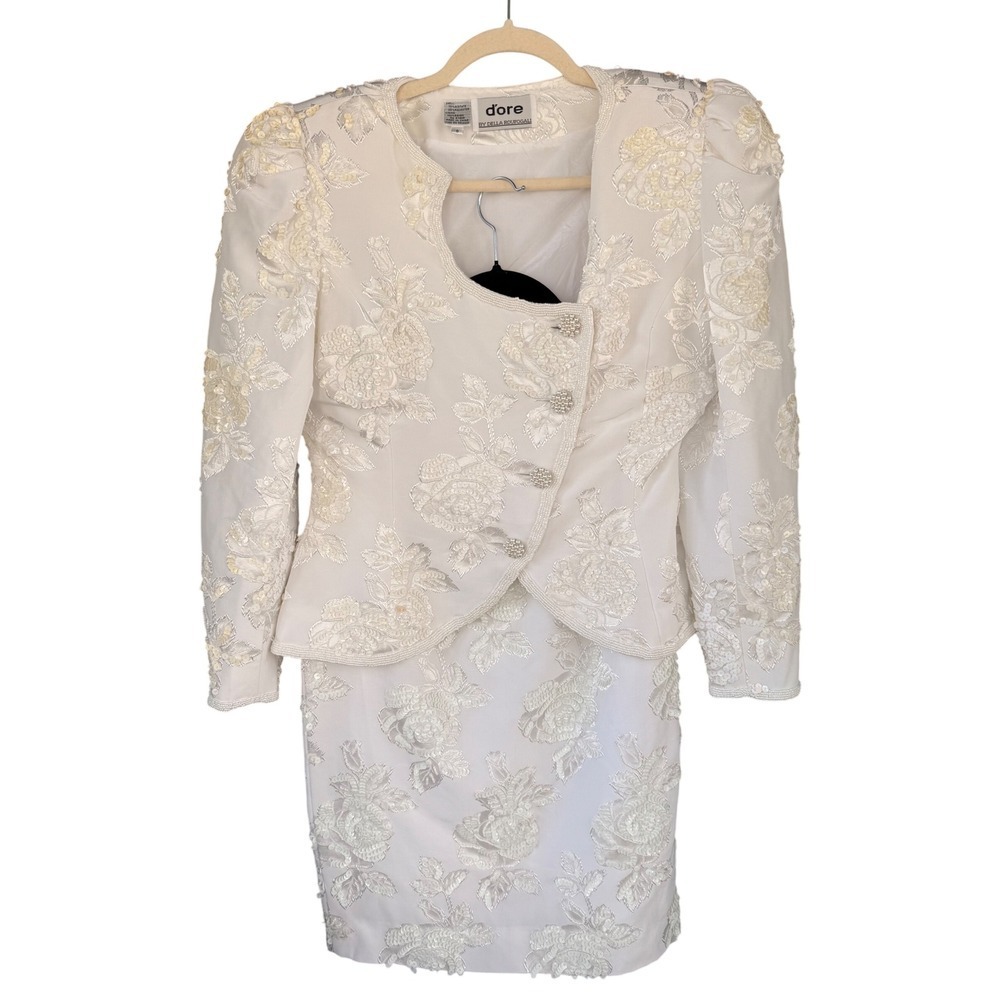 T11 D'ore Skirt Suit Floral Sequin Beaded Peplum 90s Vintage Mob Boss Old Money‎